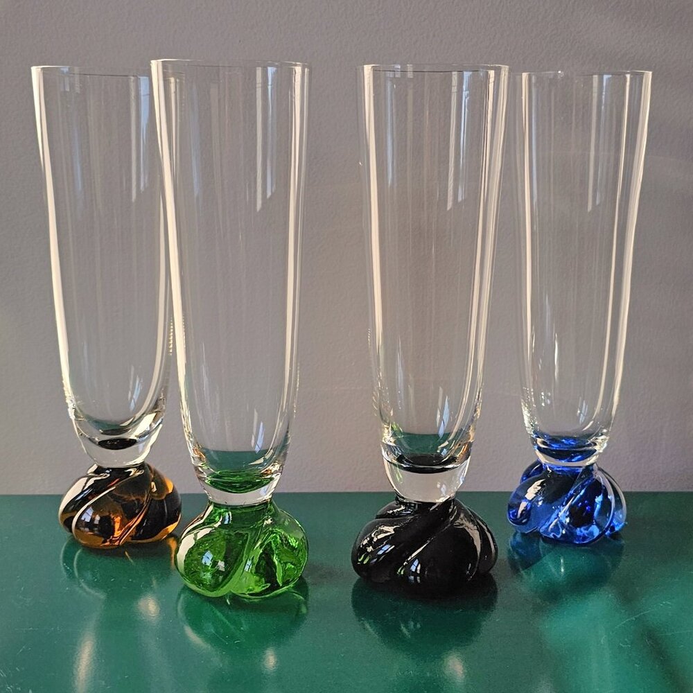 Set of Four Vintage Art Glass Multi-Coloured Footed Drinking Glasses Bareware
